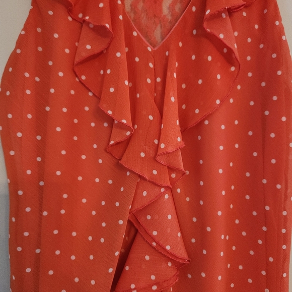EUC IZ Byer Womens Orange and White Ruffle Blouse with Lace Razor Back.  Size L - Picture 2 of 5